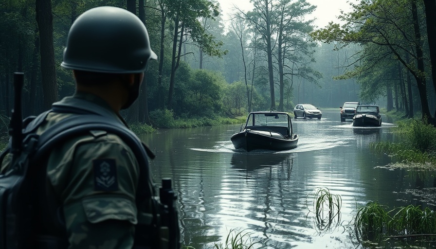 Submerged vehicles in floodwaters observed by a soldier.
