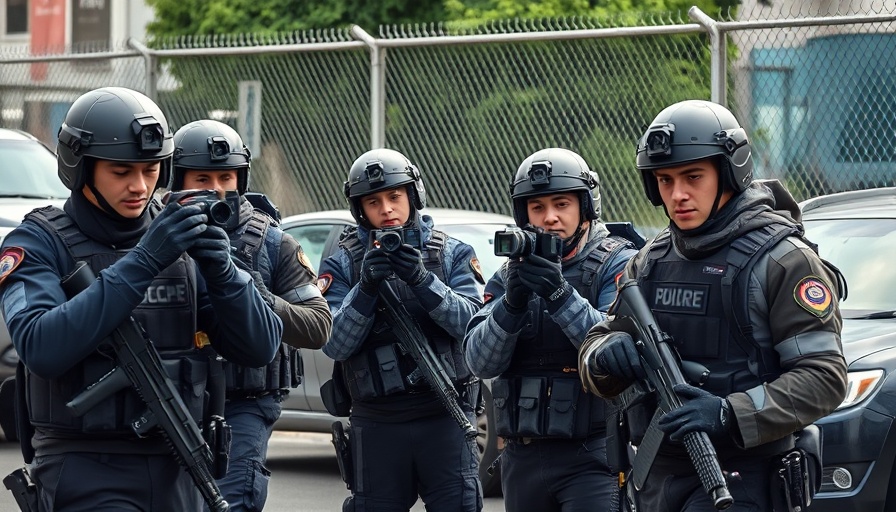 Tactical officers in urban setting engage in photo-taking, ethical spyware context.
