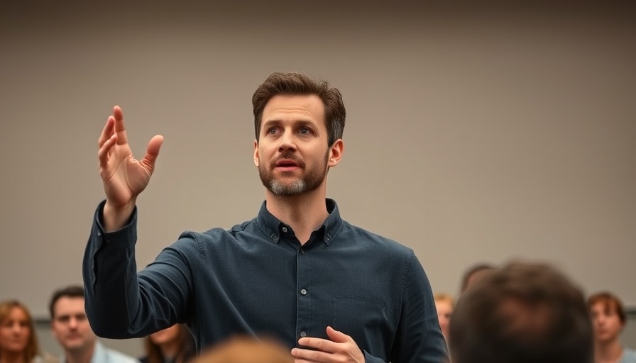 Confident speaker on tech industry news stage.