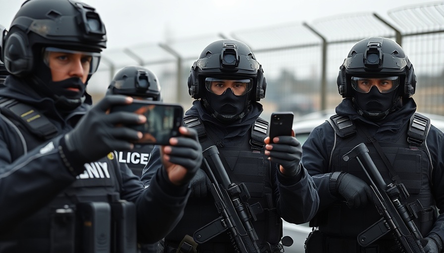 Armed officers using phones by security fence, ethical spyware maker theme
