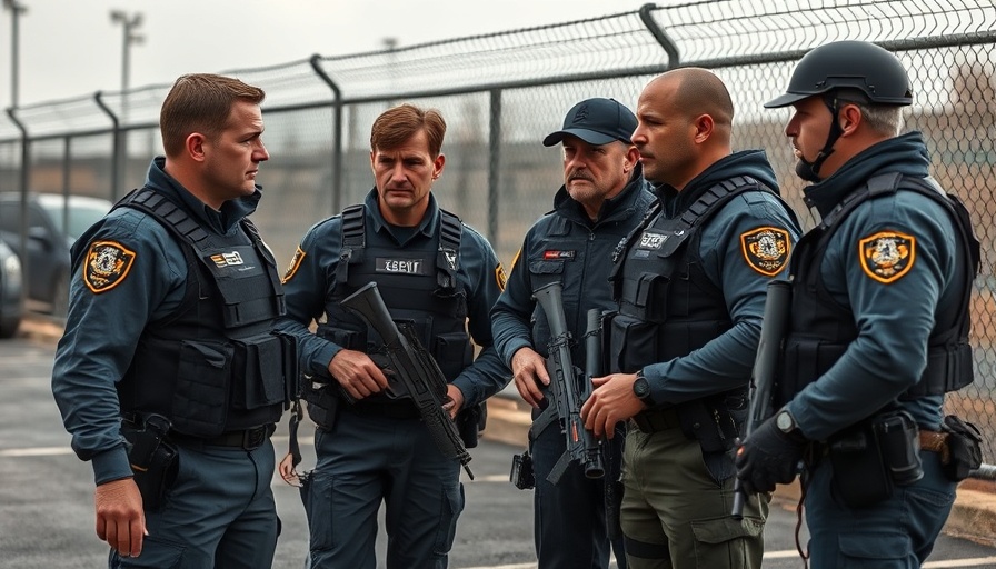 Security personnel in tactical gear discussing in parking lot, ethical spyware and ICE.