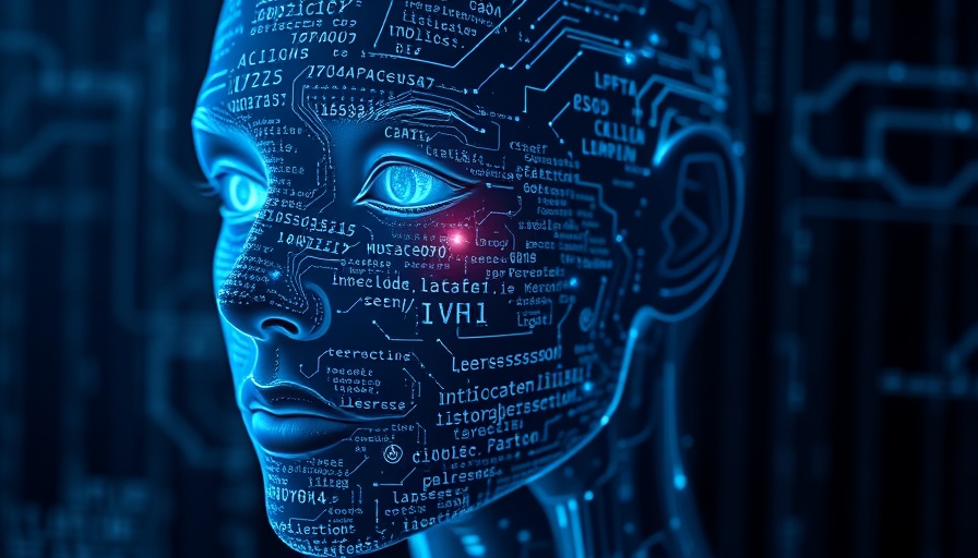 Futuristic AI digital face and code merging, blue glow.