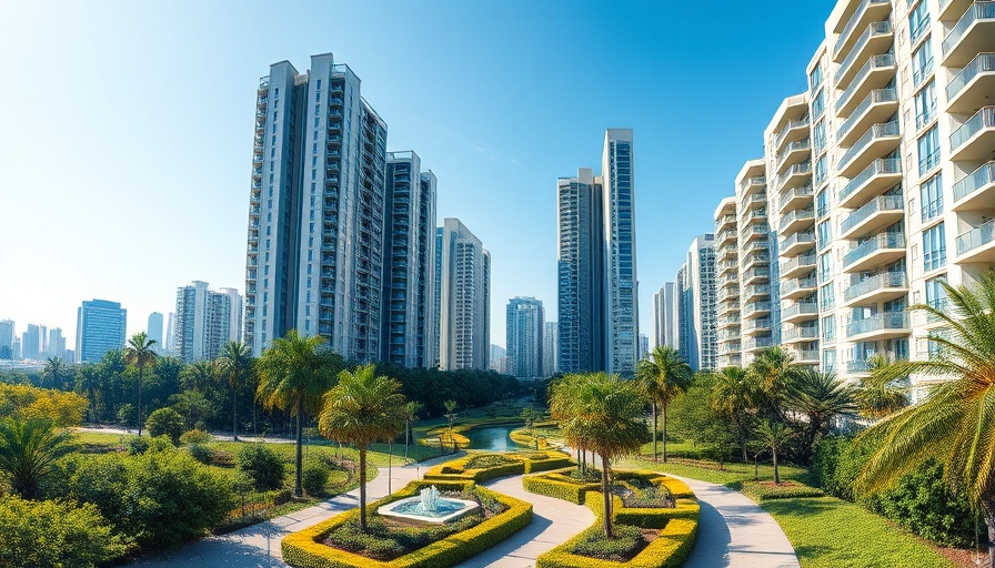 Modern apartment buildings surrounded by green gardens, a noteworthy consideration when identifying red flags when buying a condo.