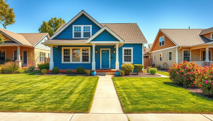 Charming blue house with neat lawn, buy down mortgage interest rate
