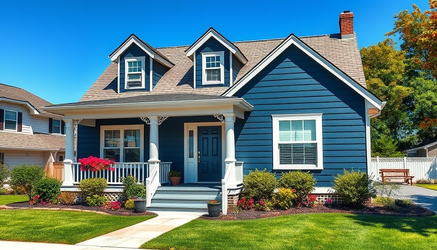Charming navy blue house perfect for families, explore mortgage interest rates.
