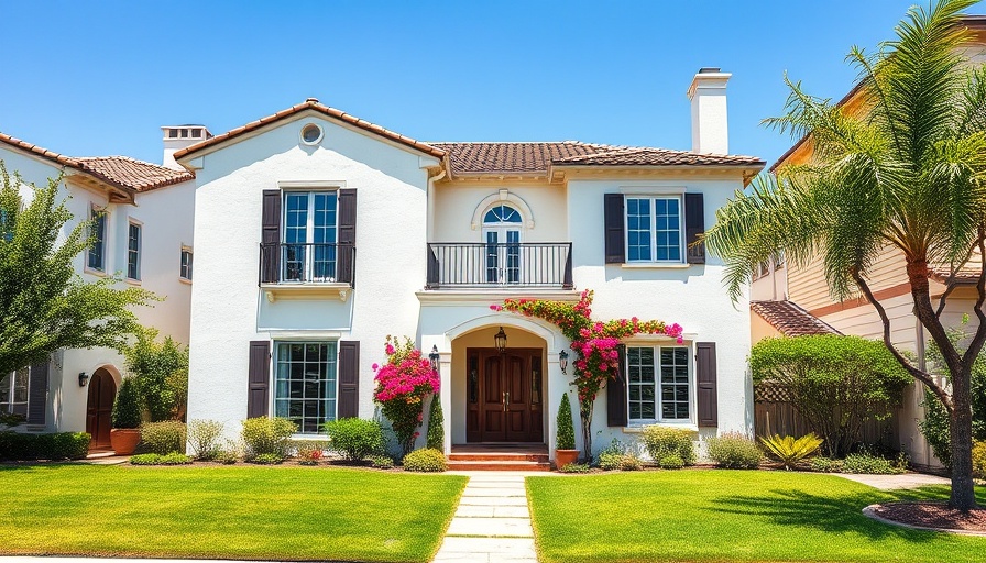 Elegant Mediterranean-style house with vibrant greenery, sunny day.