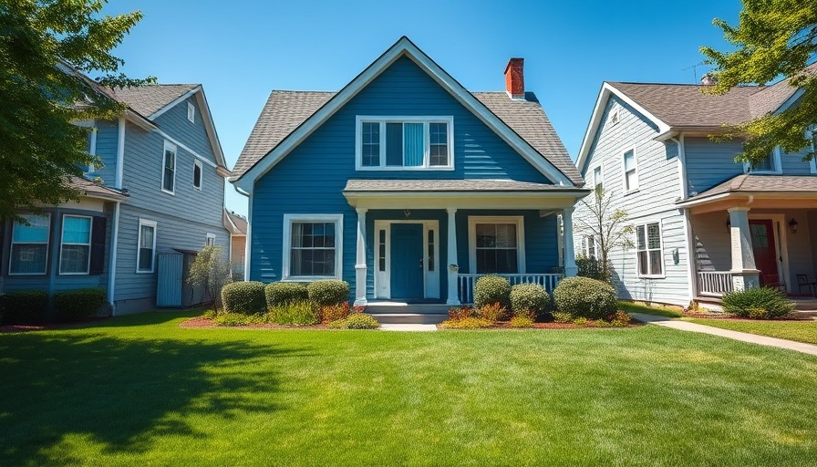 Charming blue house with lush lawn, buy down mortgage interest rate.
