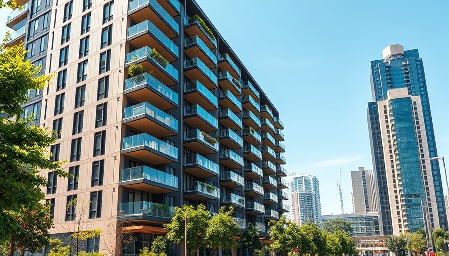 Modern apartment complex in 2025 with contemporary design under blue sky.