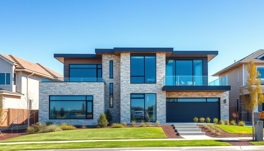 Modern homes for sale with manicured lawns and clear skies.