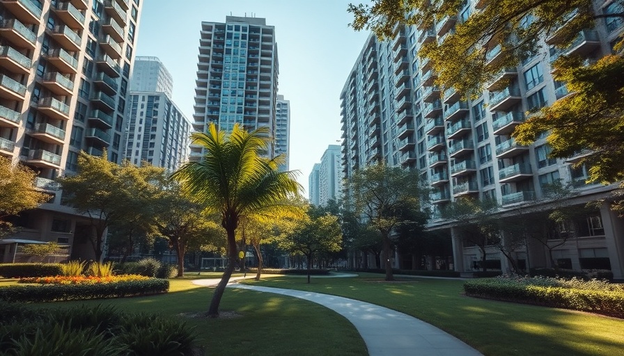 Modern park with tall condos, a consideration for red flags when buying a condo.