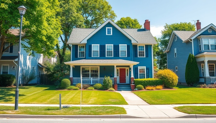 Charming blue suburban house with manicured lawn, buy down mortgage interest rate.