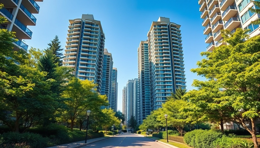Modern condo buildings with greenery and pathway, potential red flags when buying a condo.