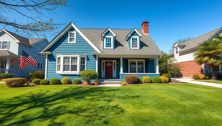 Charming blue house with green lawn under a clear sky, related to buying down mortgage interest rate.