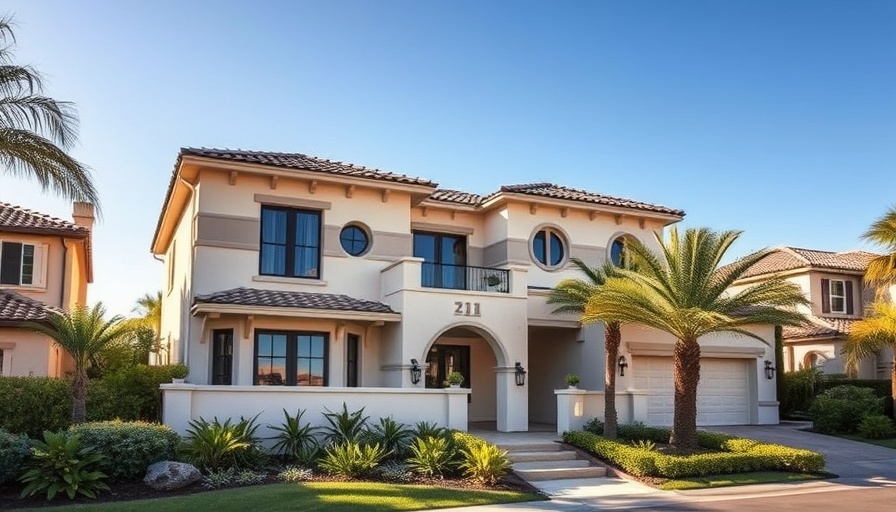 Mediterranean-style home with palm trees and blue sky