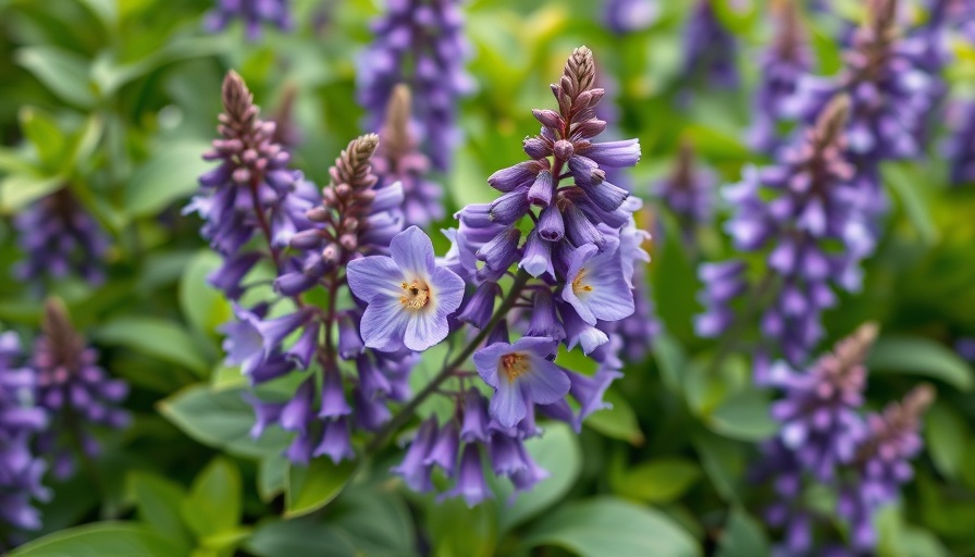 Vibrant false indigo flowers in a garden setting, lush and dense.