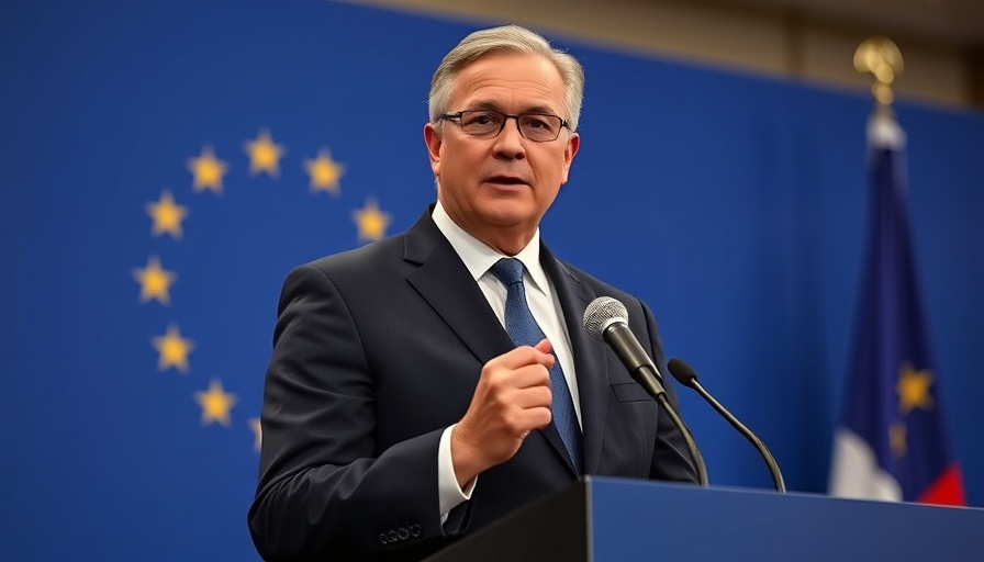 European official addressing EU trade retaliation against US tariffs with flag backdrop.