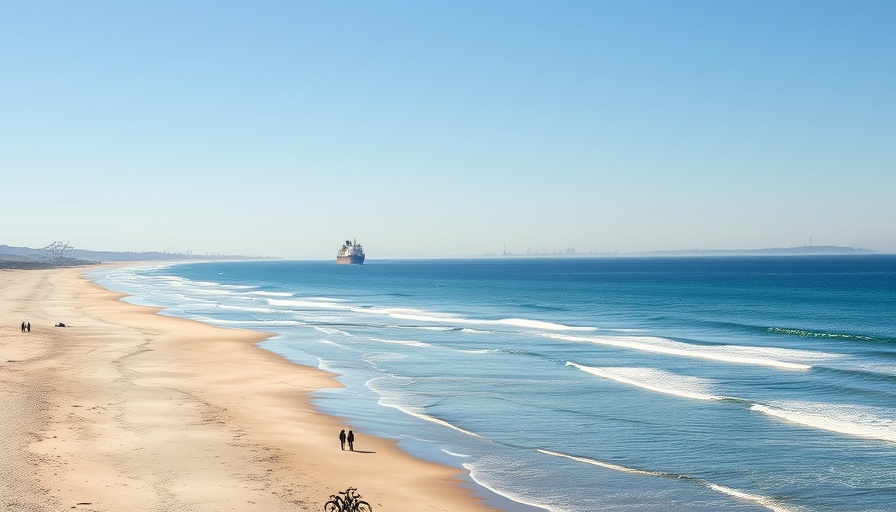 Distant cargo ship near Gaza coastline with people on beach