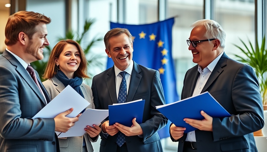EU officials discuss US Tariffs delay, smiling, holding documents.