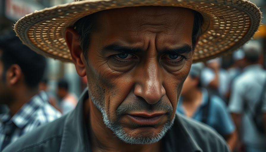 Man grieving during ICE raid, close-up portrait, urban background.