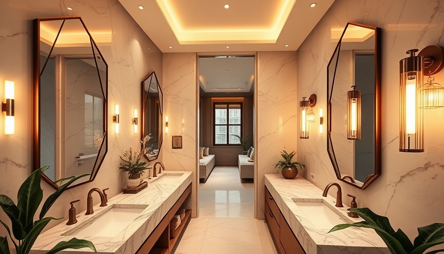 Elegant bathroom decor with geometric mirrors and ambient lighting