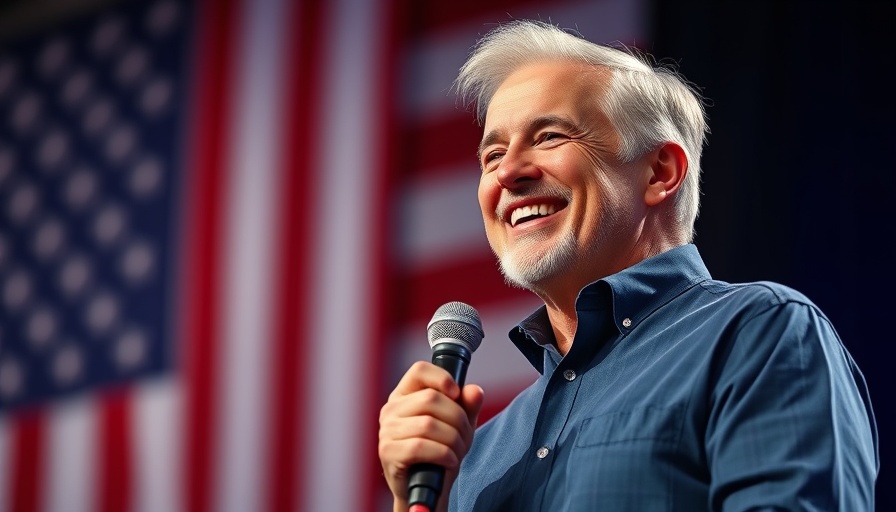 Smiling man with microphone on stage, American flag backdrop.