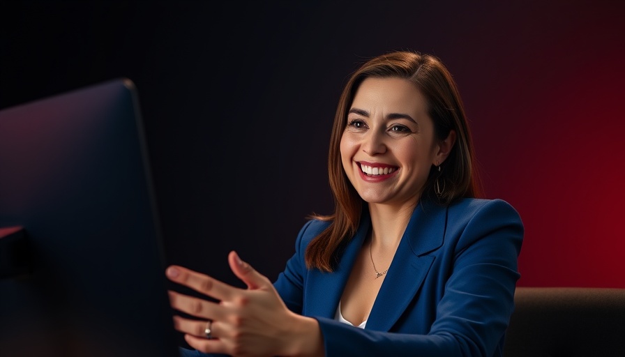 AI refugee avatar of a woman in blue blazer on video chat.