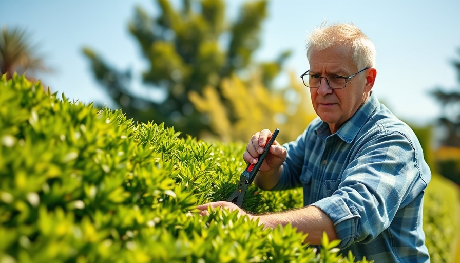 Man trimming hedges for curb appeal in a sunny garden.