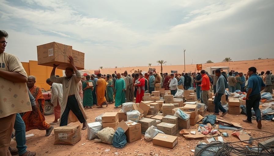 Gaza humanitarian crisis relief effort amid dusty conditions.