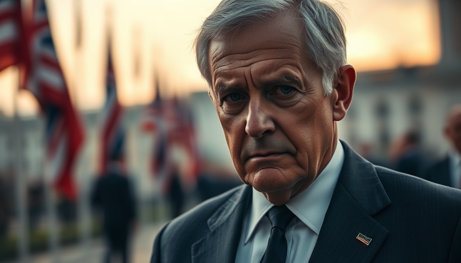 Older man in suit, pensive expression, blurred flags background.