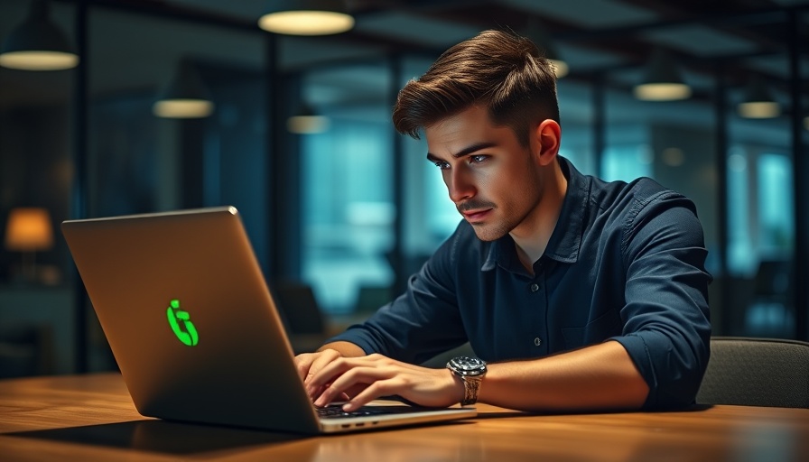 Young man focusing on laptop analyzing tokenized stocks in dim office.