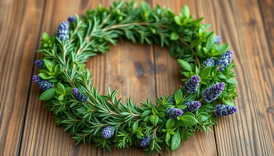 Culinary herb wreath with rosemary and lavender on wooden table