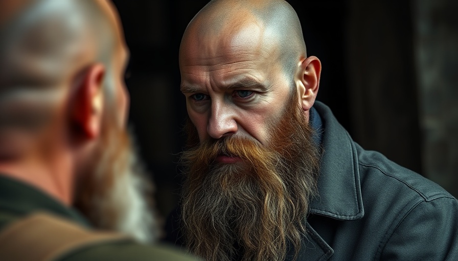 Serious bearded man in conversation, photorealistic focus.