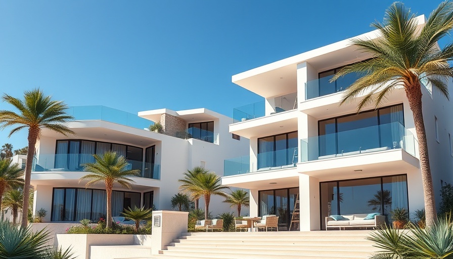 Contemporary houses with glass balconies under sunny sky.