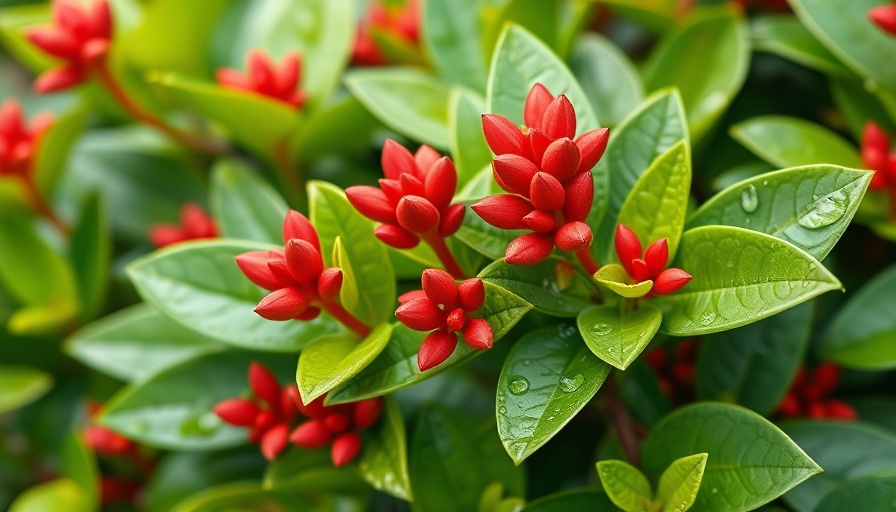 Vibrant Japanese Skimmia with red buds and green leaves.