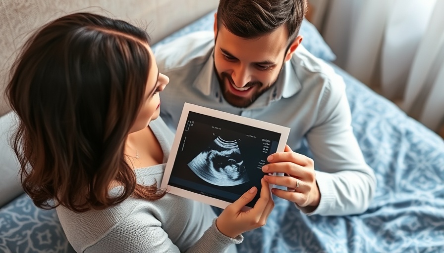 Couple viewing ultrasound, intimate moment on bedspread.