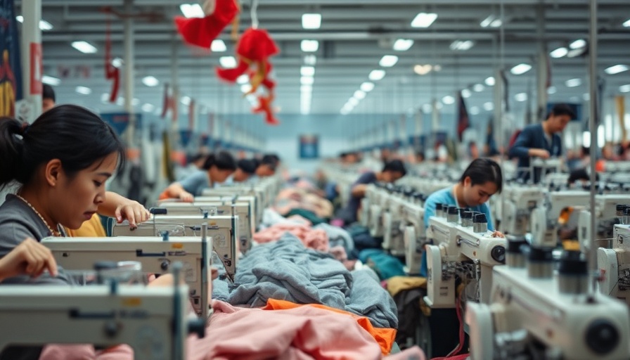 Asian garment factory workers amid higher US tariffs, engaged in production.