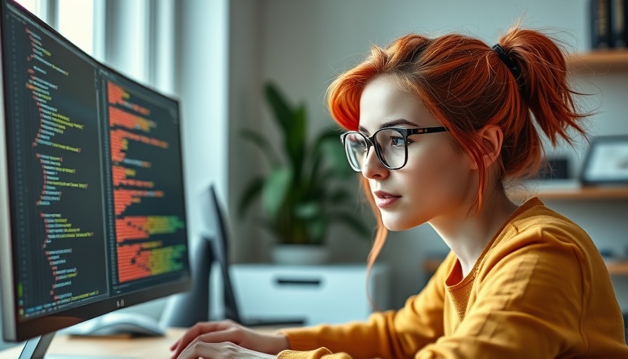 Young woman coding at computer, diversity in AI theme.