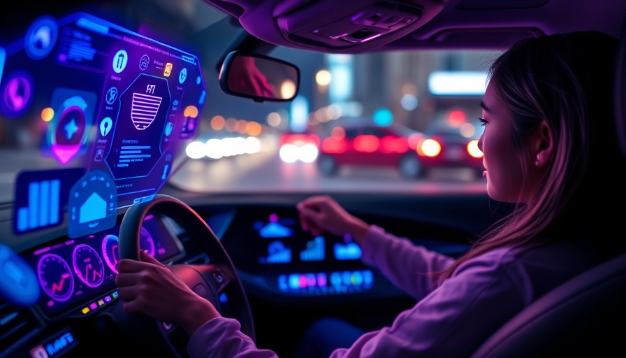 Young woman using car's digital interface at night, car subscription services.