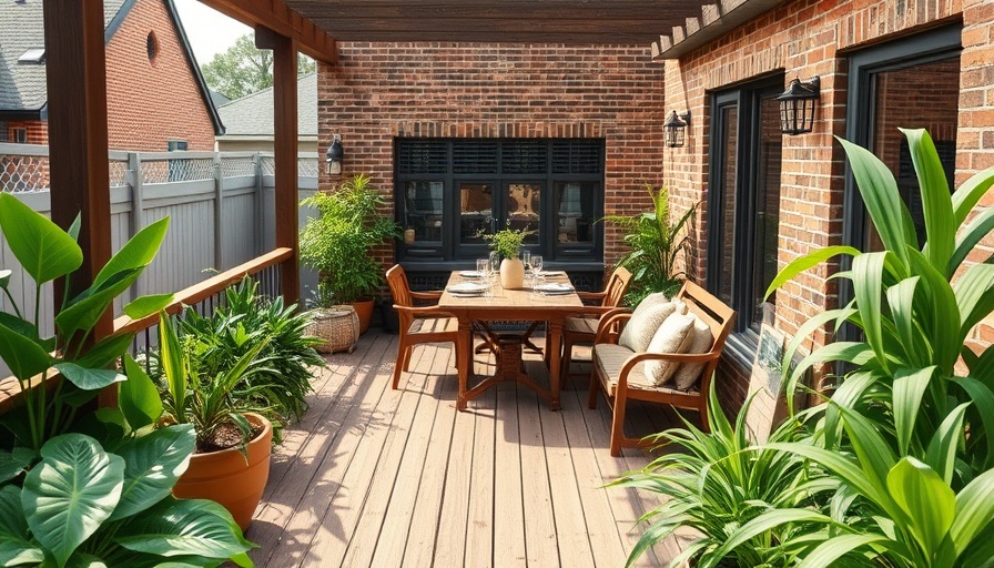 Charming outdoor entertainment space with wooden deck and greenery.