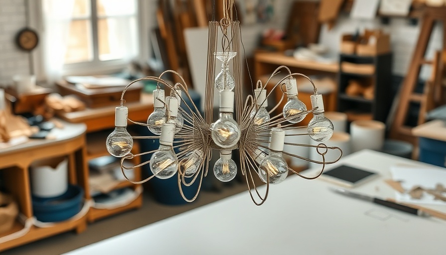 DIY chandelier assembly with metal rods and bulbs on workbench.