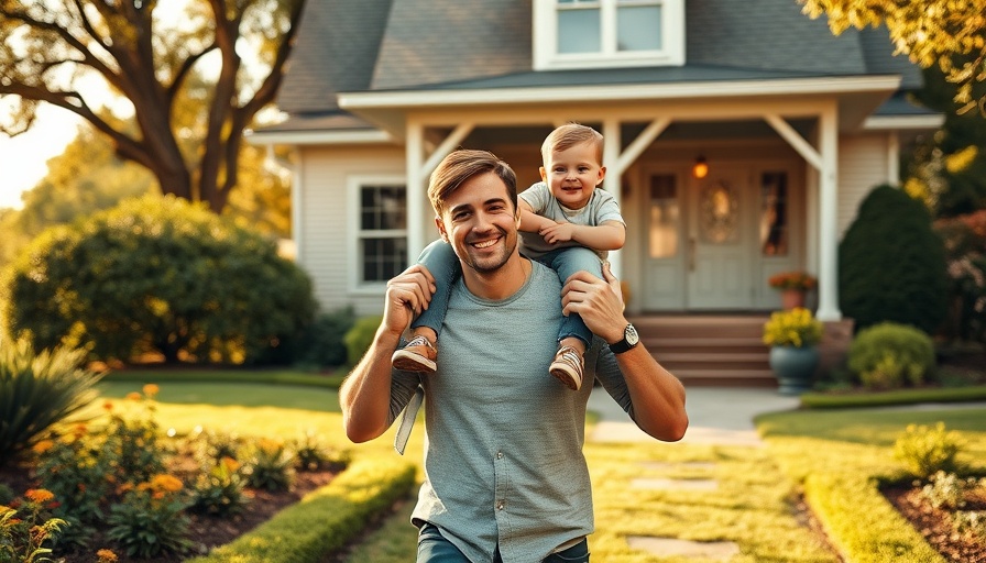 Father and son walking in front of home, vibrant greenery, home equity loans context.