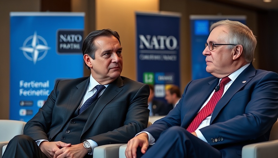 Officials discussing at NATO event backdrop.