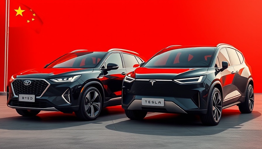 BYD and Tesla cars in global EV competition with Chinese flag.