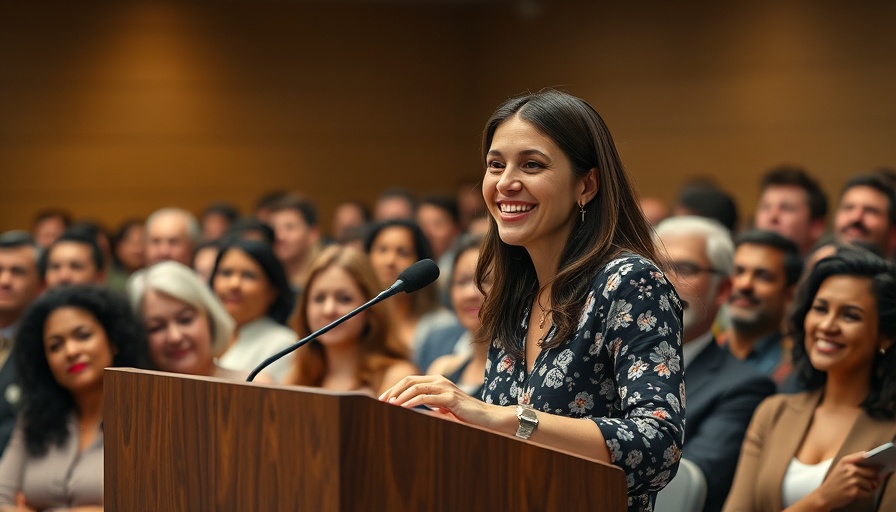 Smiling woman delivering speech on tax reform at podium.