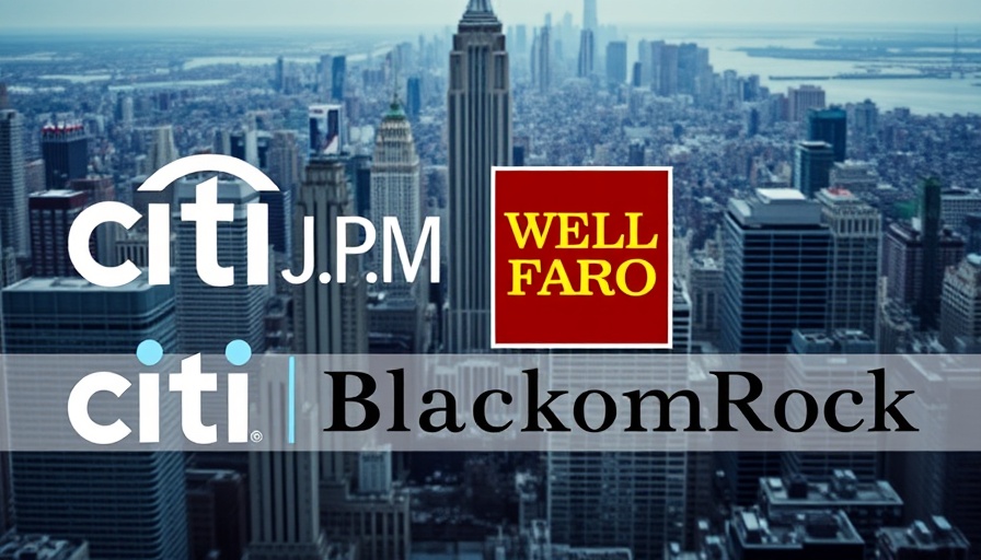 Corporate earnings reports with financial logos over city skyline.