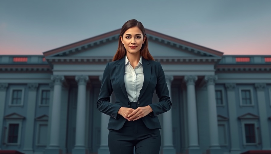 Confident businesswoman in front of a neoclassical building, illustrating UK financial services risk growth strategies.