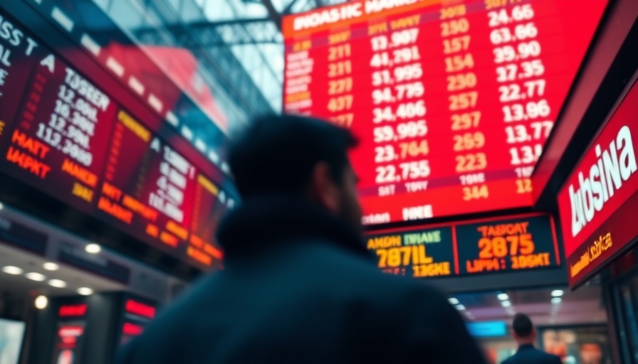 Vibrant stock market board displaying data, urban setting, bright lighting.