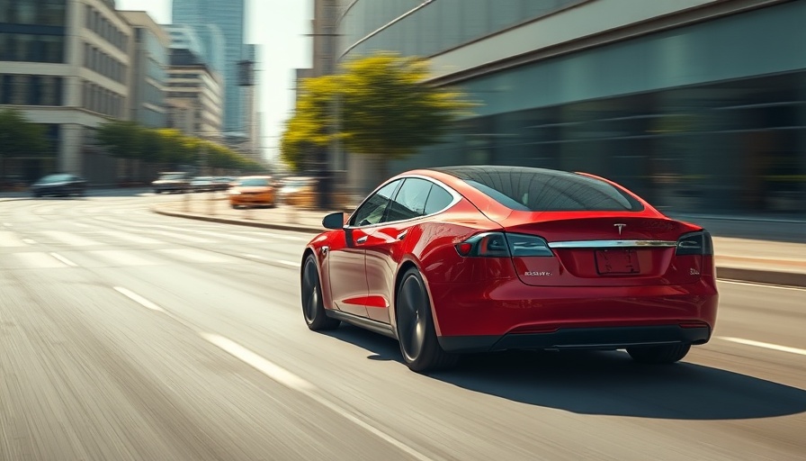 Tesla's Autopilot trial: Red Tesla Model S in motion on city street.