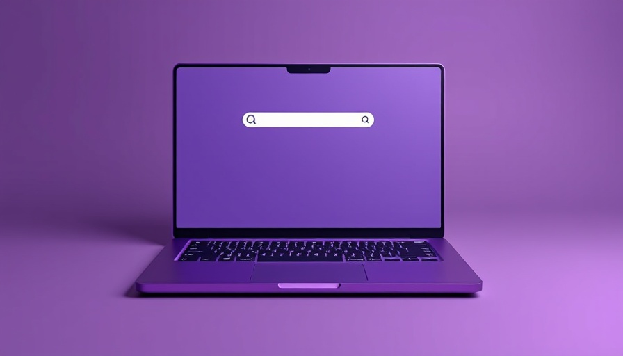Purple laptop with search icon on screen, exploring browser alternatives.