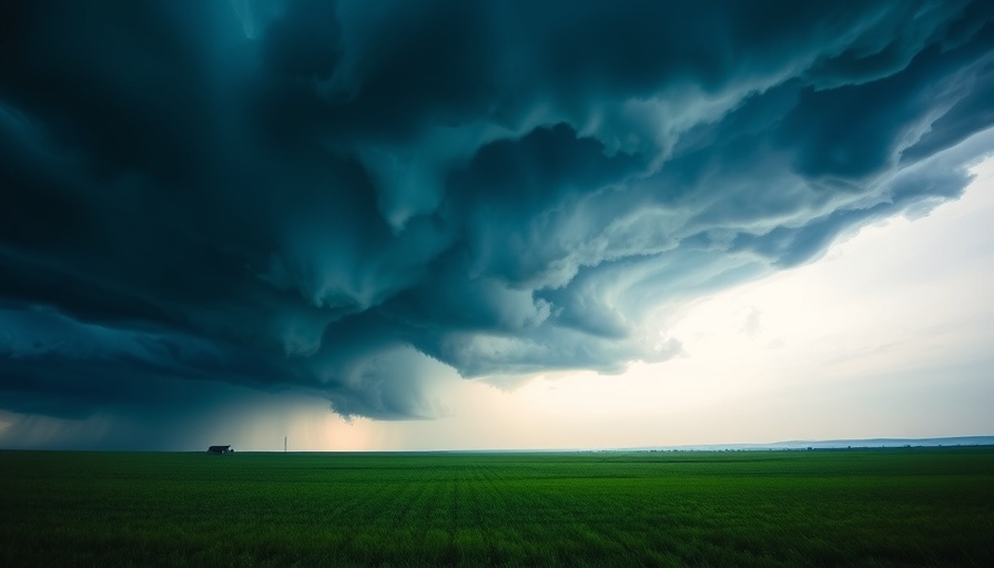 Ominous storm clouds approaching a lush green landscape, showcasing weather intensity.